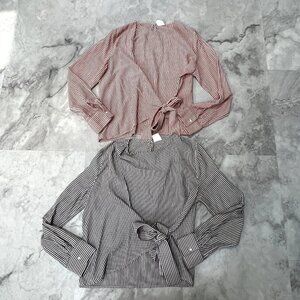 Lot of 2 By Together Boutique Womens Blouse Stripe Front Tie Large L‎ Gray & Red